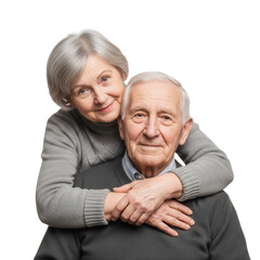 Loving elderly couple embracing with affection isolated on transparent background