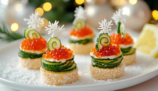Elegant holiday appetizers on white plate, small round bread canapes topped with red caviar, decorated with spiral cucumber ribbons shaped like Christmas trees