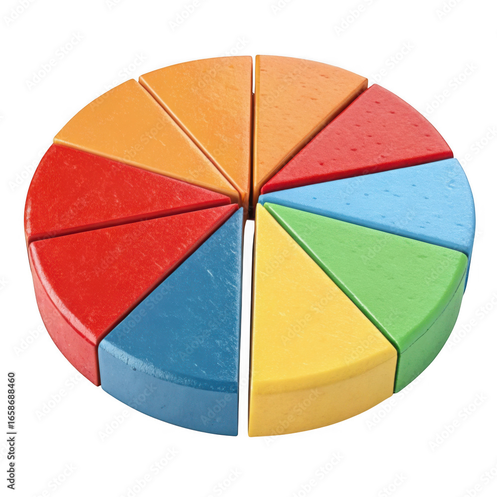 Poster Colorful pie chart segments separated and isolated on transparent background for data visualization