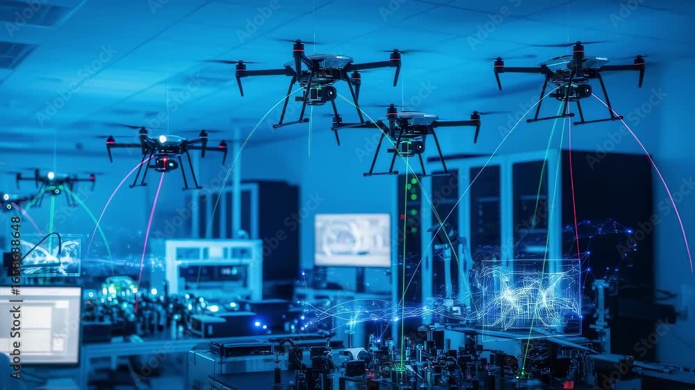 Poster hightech silicon photonics lab interior with multiple drones syncing securely through optical commun