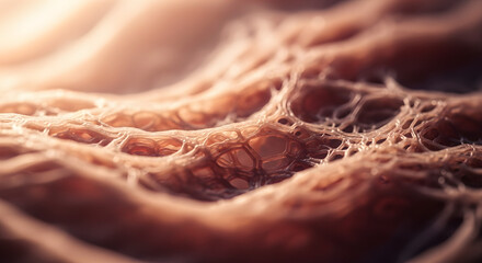  Macro view of intricate human connective tissue  revealing the complex web of fascia and cellular structures within the body  highlighted by warm  soft lighting.