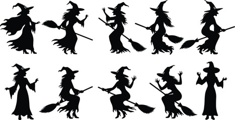 Witch silhouettes set, Halloween flying witches on broomsticks, spooky witch figure collection, vector clipart pack of Halloween characters
