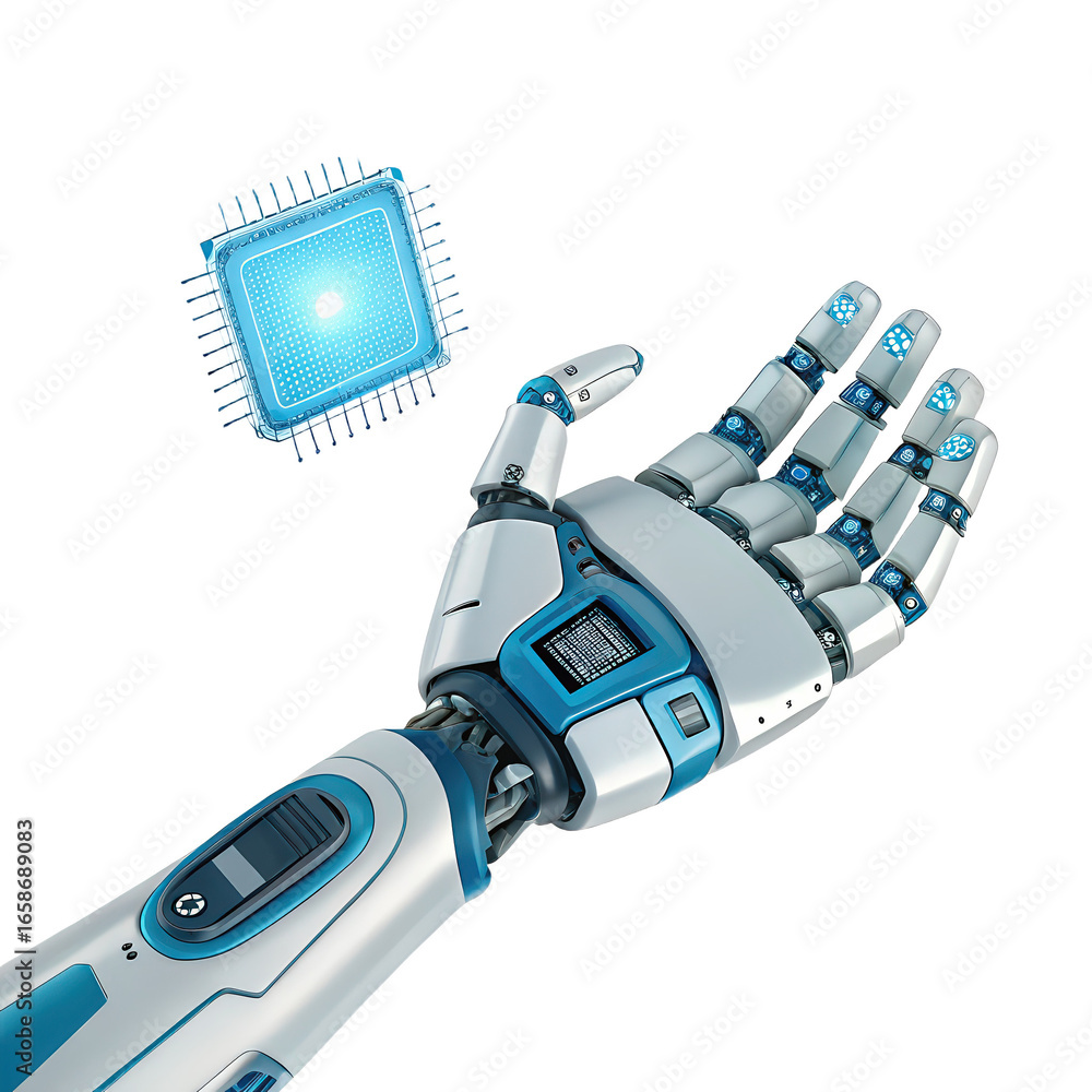 Aufkleber robot hand holding a glowing microchip futuristic png advanced technology concept png cybernetic arm