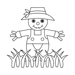 Outline drawing of a scarecrow in grass on a white background autumn black and white