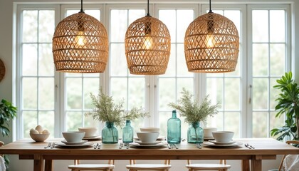Dining room with rustic farmhouse style. Natural light streams through large windows illuminating wooden table set with white dishes, blue glass vases with green plants. Three large rattan pendant