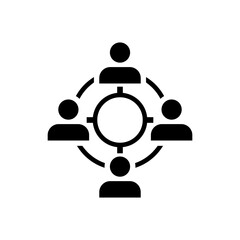 Silhouette icon depicting four people connected by a circular network with a target at the center, representing collaboration and teamwork.