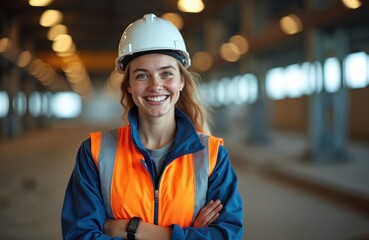 Smiling young female engineer on construction site. Wearing white hard hat, orange high-visibility vest, blue work jacket. Confident expression, arms crossed, representing diversity in STEM, skilled