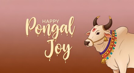 Naklejka premium Happy pongal joy greeting with decorated cow illustration and festive elements