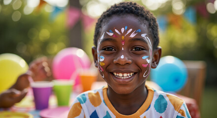 African boy with face paint smiling at birthday party outdoors