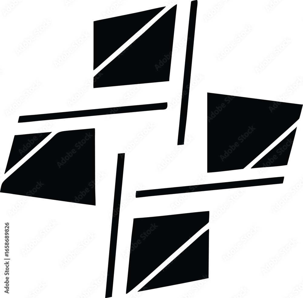Poster abstract geometric cross shape with diagonal lines and stripes on white background symbol