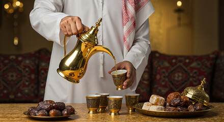 Arabic man serving Arabic coffee in traditional setting with sweets  