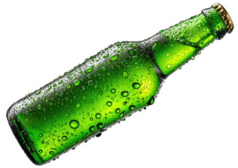 Cool green beer bottle, wet with condensation