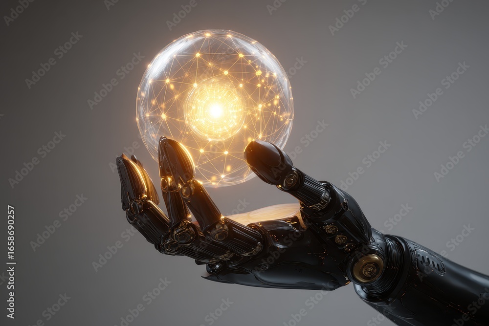 Poster hand cradles a glowing ai sphere, representing the fusion of technology and imagination in a modern 