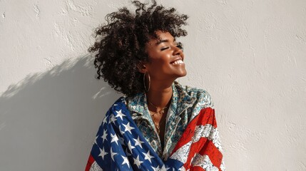 happy young african american woman wrapped in usa flag laughing standing against white wall smiling free mixed race gen z hipster girl with afro hair celebrating freedom on independence day concept n