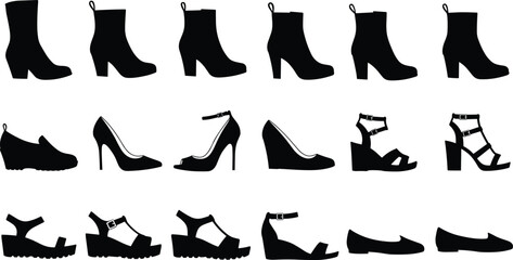 Women’s shoe silhouettes vector set with boots, heels, sandals, flats and wedges, stylish footwear icons for fashion design collection