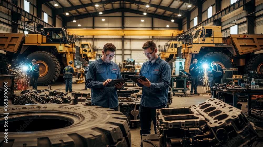 Poster engineers programming automated equipment with handheld devices amid autonomous haul truck component