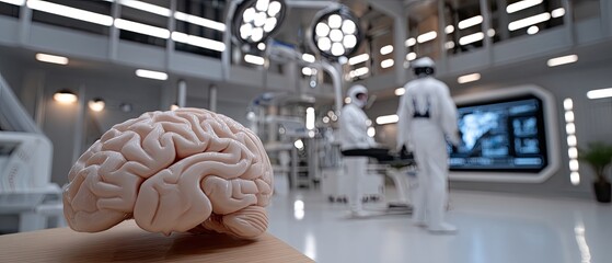 A preserved brain specimen is displayed in a glass case while a researcher analyzes data in a modern laboratory environment