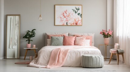 modern posters above bed with headboard in pastel bedroom interior with mirror real photo no logos no brands ar 169