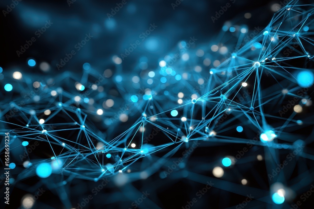 Poster intricate light blue network background illustrating connections and data flow in a digital environm