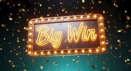Illuminated sign with big win text surrounded by falling gold confetti
