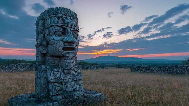 mexican toltec sculptures in tula landscape sunset timelapse video