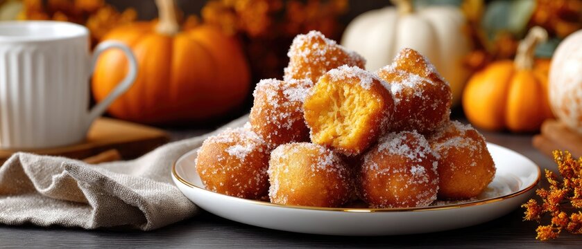 A pile of golden pumpkin fritters coated in sugar sits on a plate, complemented by seasonal decor and a warm drink nearby