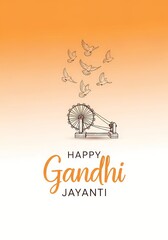 Happy Gandhi jayanti celebration with spinning wheel and flying doves