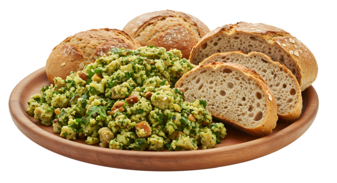 Wooden plate with green salad and sliced bread on transparent background