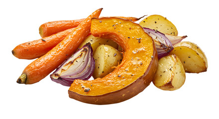 Roasted vegetables: carrots, squash, potatoes, and red onion on transparent background