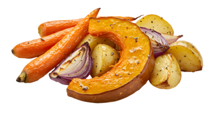 Roasted vegetables: carrots, squash, potatoes, and red onion on transparent background