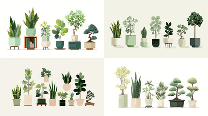 Flat vector illustration of indoor potted plants and green leaves. Perfect for home decor, botany, gardening, eco lifestyle, and natural interior design themes.
