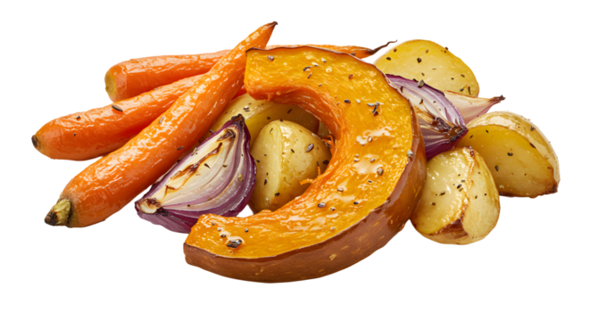 Roasted vegetables: carrots, squash, potatoes, and red onion on transparent background - Powered by Adobe