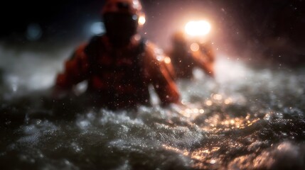 Obraz premium Heroic first responders battling floodwaters in a dramatic rescue mission