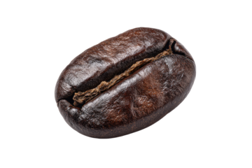 Close-up of a single roasted coffee bean.  Dark brown, oval-shaped bean, showing a visible seam.  Fine details of the bean's surface are visible.  Isolated against a black background