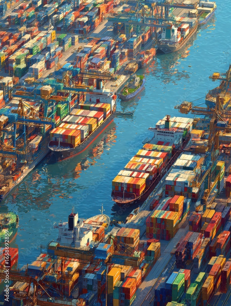 Poster highangle view of container port vibrant ships and stacked containers intricate flow of trade showca