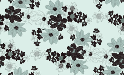 Flowers and leaves in vintage style, seamless pattern	