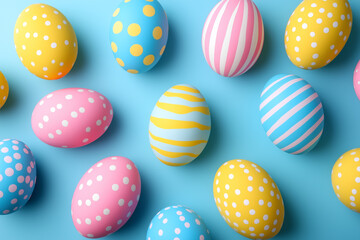 Fototapeta premium Colorful Easter eggs arranged on a light blue surface, decorated with various patterns, symbolising joy and the arrival of spring.