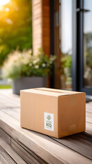A cardboard package sits on a doorstep, ready for delivery. It's a symbol of modern convenience and online shopping