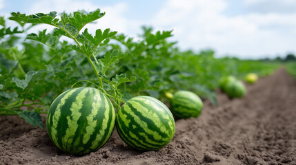Fresh watermelons growing in an agricultural field, symbolizing summer and healthy eating. The watermelons are vibrant green with distinctive stripes