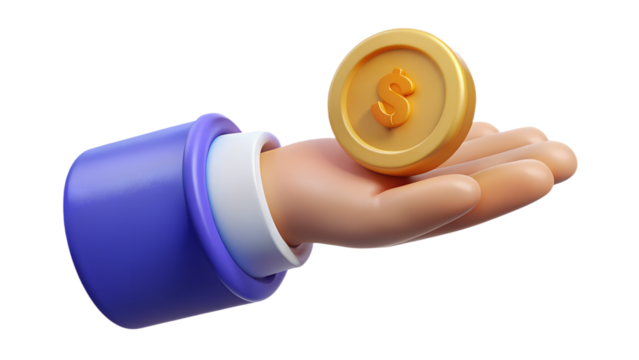 3d cartoon hand in a purple sleeve holding a shiny gold coin with a dollar sign, symbolizing payment isolated on transparent background