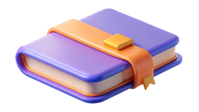 3d render of a purple book with an orange ribbon bookmark, isolated on transparent background