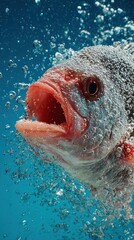 A colorful fish swims in clear water, mouth open with bubbles forming around it