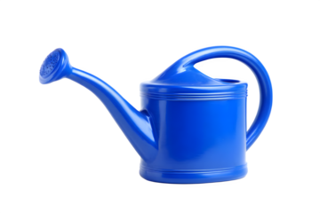 Bright blue plastic watering can isolated on transparent background