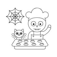 Cartoon skeleton chef with a cat and a spiderweb baking cupcakes halloween