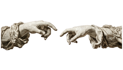 Two outstretched hands, light gray-white, appear to touch, against a black background.  Detailed depiction of human anatomy, suggesting a connection or a divine moment