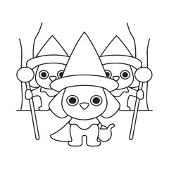 Cute cartoon dogs wearing wizard hats and holding staffs in a line puppy illustration