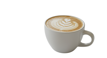 Frothed cappuccino with foam art in white ceramic mug, clean light surface, blurred bokeh background, soft high-key light, tack sharp, tranquil comfort concept