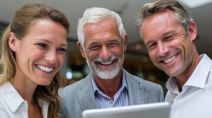 Three people smile while viewing a tablet, showcasing teamwork and collaboration in a modern office setting in the afternoon