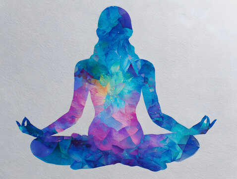 7 color chakra human lotus pose yoga, abstract world, universe inside your mind mental, watercolor painting illustration design hand drawn