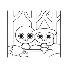 Two cute cartoon characters in a forest, one dressed as a witch with a broom halloween